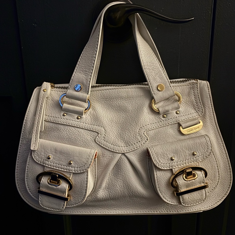 Beautiful white pebbled leather mini bag with gold hardware. Perfect for Spring!